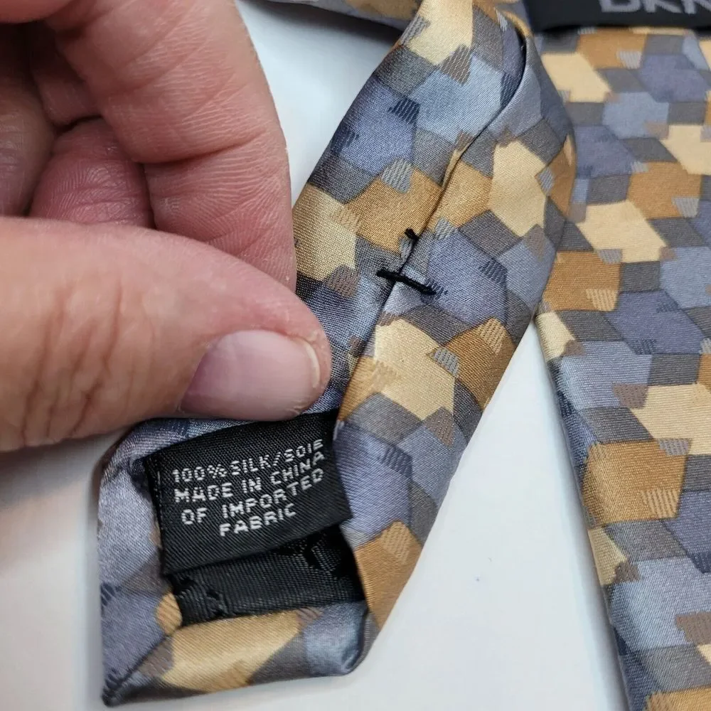 DKNY Tie -  3.75 in Brown Blue Geometric Silk Necktie‎ - Men's Classic